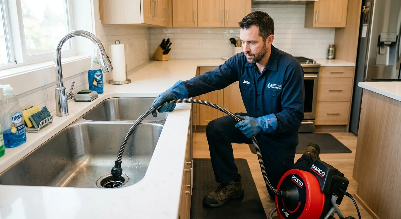 Drain cleaning technician using a motorized snake on a kitchen sink in Cynthiana